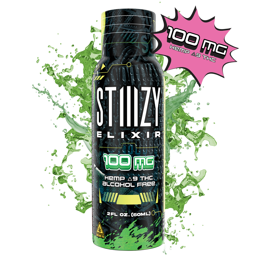 A product image featuring a STIIIZY Elixir bottle with 100mg of D9 THC, highlighting its hemp-derived alcohol-free content, against a vibrant green background with promotional text and graphics.