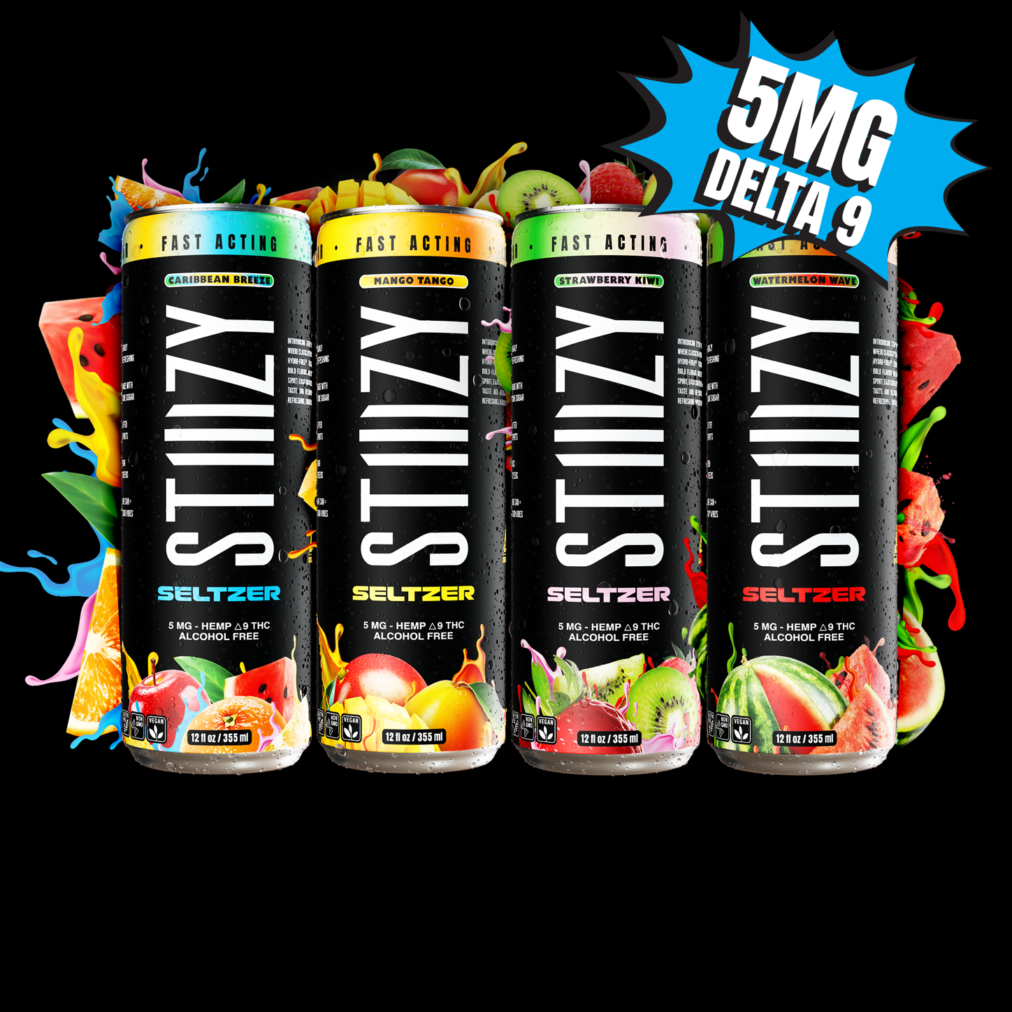 A variety pack of STIIIZY hemp-derived seltzer cans in four flavors: Caribbean Breeze, Mango Tango, Strawberry Kiwi, and Watermelon Wave. Each can is marked with '5mg Delta 9' and the seltzer is presented as being fast-acting.